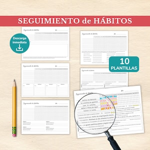 Puede incluir: Diez plantillas de seguimiento de hábitos imprimibles en blanco y negro. Las plantillas presentan una cuadrícula con los días del mes numerados y espacio para los nombres de los hábitos. Una plantilla incluye una cuadrícula colorida con cuadrados rojos, rosas, azules y amarillos.