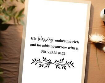 Proverbs 10:22 Bible Verse Wall Art + Bible Study,  Black and White, Bible Verse on Wealth, Christian Home Decor, Scripture Wall Art Print