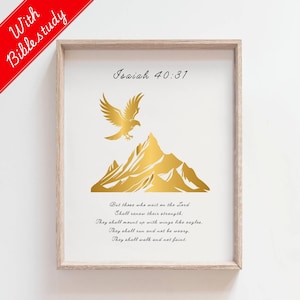 Könnte beinhalten: Ein gerahmter Druck mit einem goldenen Berg- und Adlermotiv. Der Druck zeigt den Bibelvers Jesaja 40:31, der lautet: "Aber die auf den Herrn hoffen, werden neue Kraft empfangen; sie werden mit Flügeln wie Adler emporsteigen, sie werden laufen und nicht müde werden, sie werden gehen und nicht matt werden."