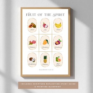 Puede incluir: Una lámina de arte mural enmarcada titulada Fruit of the Spirit con Galatians 5:22-23 en la parte inferior. Presenta una cuadrícula de nueve iconos ovalados, cada uno con una ilustración de fruta diferente junto a una virtud como Love, Joy y Peace.