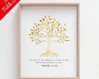 Proverbs 11:30 Modern Bible Verse Wall Art,Golden Tree of Life Digital Print,Elegant Wisdom Scripture Quote Download, Gold Poster Printable