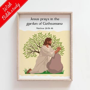 Puede incluir: Una ilustración digital de Jesús orando en el Jardín de Getsemaní. La imagen representa a Jesús arrodillado con las manos juntas en oración, bajo un olivo. El texto dice "Jesús ora en el jardín de Getsemaní" y "Mateo 26:36-46".
