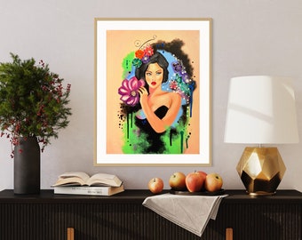 Póster de Bellas Artes/ Hermosa chica con flores y mariposas/ Obras de arte coloridas/ Decoración de pared Impresión Giclée