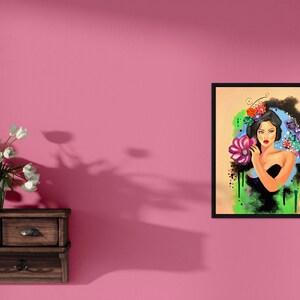 PINTURA FLORAL DE MUJERES, Niña adorable hecha a mano original con mariposas y flores, arte de pared, sala de estar, decoración de dormitorio para oficina imagen 3