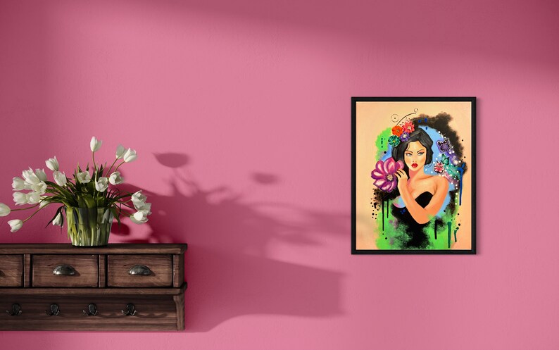 PINTURA FLORAL DE MUJERES, Niña adorable hecha a mano original con mariposas y flores, arte de pared, sala de estar, decoración de dormitorio para oficina imagen 3