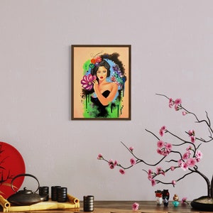 PINTURA FLORAL DE MUJERES, Niña adorable hecha a mano original con mariposas y flores, arte de pared, sala de estar, decoración de dormitorio para oficina imagen 6