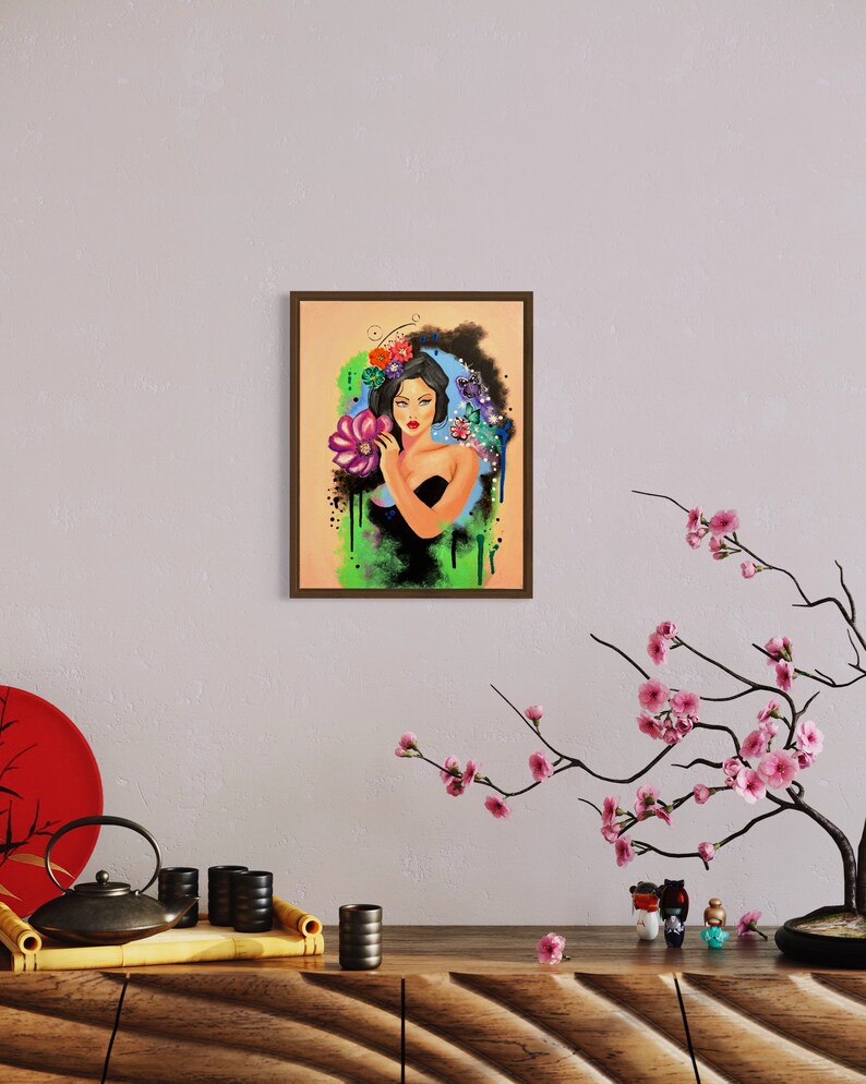 PINTURA FLORAL DE MUJERES, Niña adorable hecha a mano original con mariposas y flores, arte de pared, sala de estar, decoración de dormitorio para oficina imagen 6