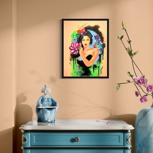 PINTURA FLORAL DE MUJERES, Niña adorable hecha a mano original con mariposas y flores, arte de pared, sala de estar, decoración de dormitorio para oficina imagen 1