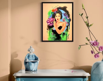 La belleza perdida PINTURA DE MUJERES FLORALES, Chica adorable hecha a mano original con mariposas y flores Arte de la pared, Sala de estar, Decoración del dormitorio