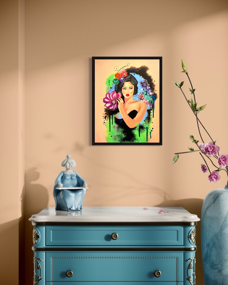 PINTURA FLORAL DE MUJERES, Niña adorable hecha a mano original con mariposas y flores, arte de pared, sala de estar, decoración de dormitorio para oficina imagen 1