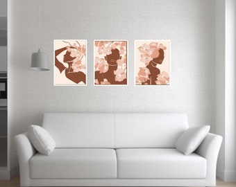 Abstract wall art-Sensual women with flowers-original painting set of 3 on canvas-made to order-Fuzzy peach-Handpainted -modern-Home decor