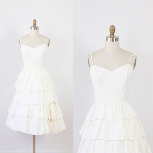 Vintage Ivory Tiered Skirt Wedding Dress with Tie Spaghetti Straps