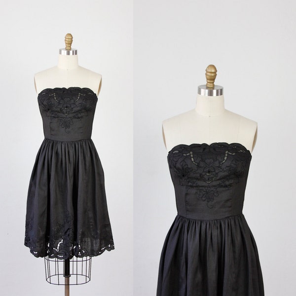 RESERVED Black Strapless Dress with Embroidery and Cut Outs