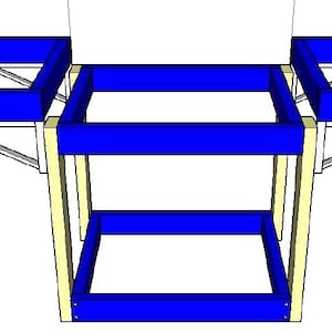 May include: A two-tiered wooden shelf unit with blue shelves. The shelves are supported by wooden legs and metal brackets. The unit is approximately 2 inches tall.