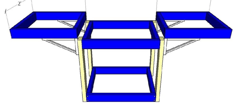 May include: A two-tiered wooden shelf unit with blue shelves. The shelves are supported by wooden legs and metal brackets. The unit is approximately 2 inches tall.
