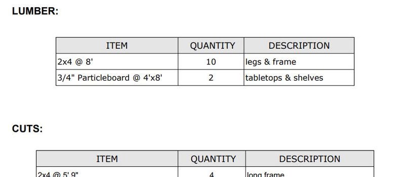 May include: A table construction plan with a list of lumber and cuts needed. The lumber list includes 2x4 @ 8' and 3/4" Particleboard @ 4'x8'. The cuts list includes 2x4 @ 5'9" for a long frame.