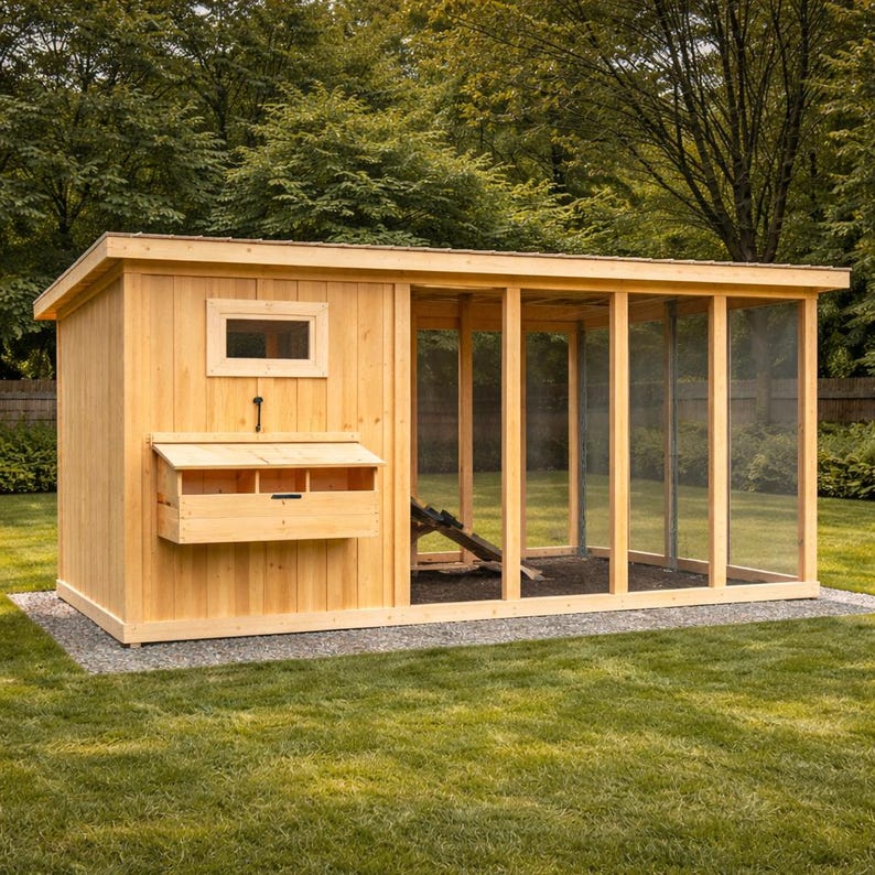 May include: A wooden chicken coop with a nesting box, window, and screened-in run. The coop is made of light-colored wood and sits on a gravel base, surrounded by green grass and trees.