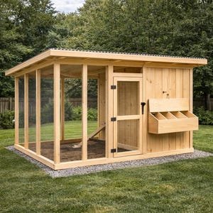 Può includere: Un pollaio in legno con tetto spiovente, pareti a rete metallica e una porta. Il pollaio ha un nido con quattro scomparti ed è posto su una base di ghiaia. La struttura è circondata da erba verde e alberi.