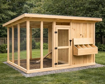 Planos de gallinero grande con corral, planos de gallinero de acceso directo, planos de gallinero para el patio trasero, descarga de PDF de carpintería fácil