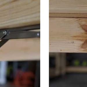 May include: Close-up of a wooden table with a metal hinge and screws. The screws are labeled with their sizes: 2 1/2" screw, 1 1/4" screw, and 1 1/4" screw.