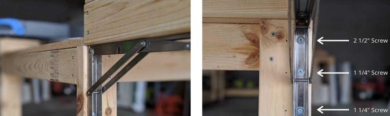 May include: Close-up of a wooden table with a metal hinge and screws. The screws are labeled with their sizes: 2 1/2" screw, 1 1/4" screw, and 1 1/4" screw.