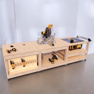 Modułowy mobilny stół warsztatowy DIY Plan, garażowy stół warsztatowy, piła stołowa, stół do piły ukosowej, stacja robocza, stół warsztatowy Dewalt, pobieranie pliku PDF