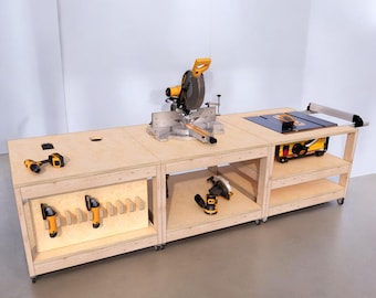 Planos de estación de sierra ingletadora y banco de trabajo con sierra de mesa (PDF): banco de taller móvil para bricolaje: planos de carpintería