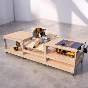 Planos de banco de trabajo para sierras ingletadoras, fresadoras y sierras de mesa móviles, planos de construcción de carpintería para bricolaje, planos de banco de trabajo, carrito de sierra ingletadora con tapa abatible, descarga en PDF