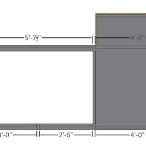 May include: A diagram of a building addition with measurements in feet and inches. The addition is 5 feet 7 1/2 inches wide and 4 feet long. The main building is 3 feet wide, 2 feet 6 inches wide, and 4 feet long.
