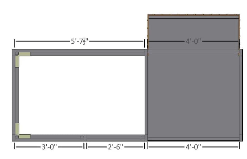May include: A diagram of a building addition with measurements in feet and inches. The addition is 5 feet 7 1/2 inches wide and 4 feet long. The main building is 3 feet wide, 2 feet 6 inches wide, and 4 feet long.