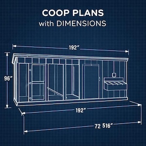 May include: A blueprint-style illustration of a chicken coop with dimensions. The coop is 192 inches long, 96 inches high, and 72.516 inches wide. The text "COOP PLANS with DIMENSIONS" is at the top.