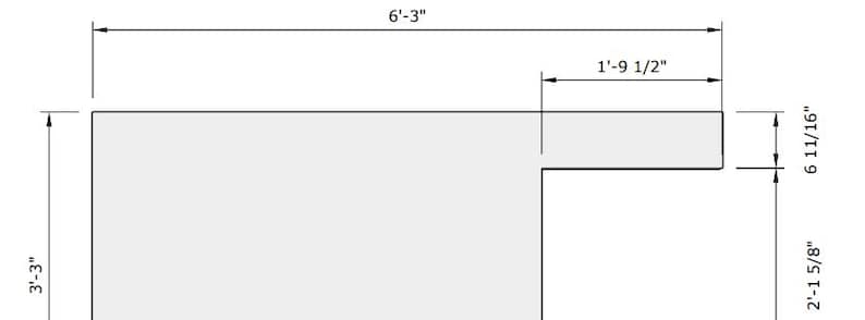 May include: A diagram showing the dimensions of a rectangular shape with a smaller rectangular cutout. The overall dimensions are 6 feet 3 inches by 3 feet 3 inches. The cutout is 1 foot 9 1/2 inches by 6 11/16 inches. The cutout is located 2 feet 1 5/8 inches from the bottom edge and 6 11/16 inches from the right edge.