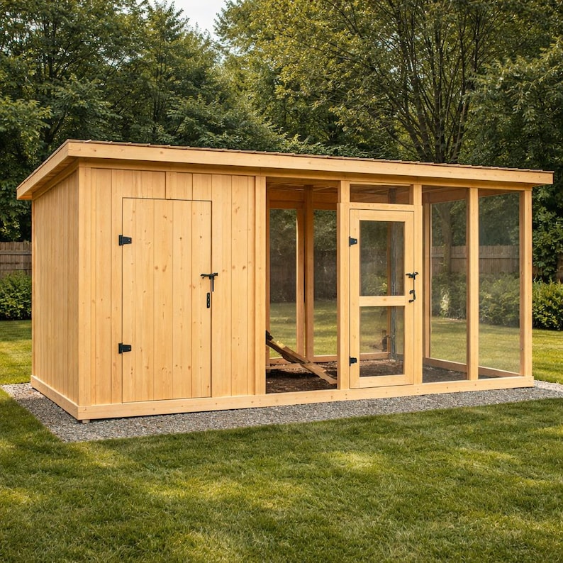 May include: A light-colored wooden chicken coop with a sloped roof, a solid door, and a screened-in run. The coop is set on a gravel base and surrounded by green grass and trees. The door has black hinges and a latch.