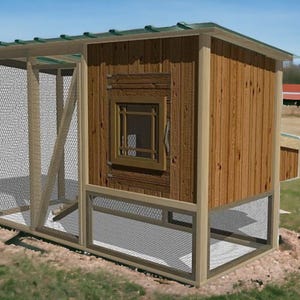 May include: A wooden chicken coop with a green roof and a wire mesh enclosure. The coop has a small window and a door. The coop is sitting on a grassy lawn.
