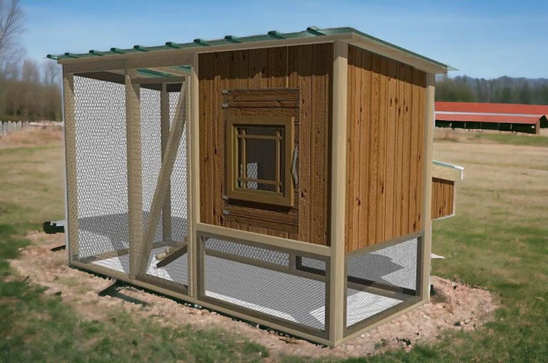 May include: A wooden chicken coop with a green roof and a wire mesh enclosure. The coop has a small window and a door. The coop is sitting on a grassy lawn.