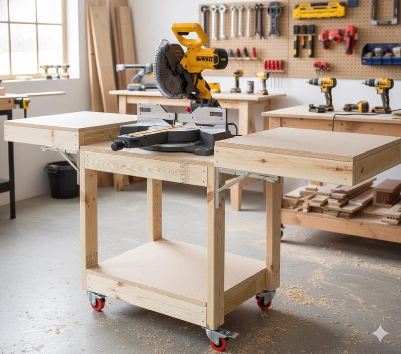 Mobile Miter Saw Table Plans, Miter Saw Station, Garage Work Bench Plans, Miter Saw Bench, Woodworking Plans, Miter Saw Rack, PDF Download image 1