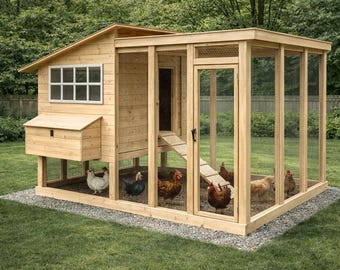 Planos de gallinero grande de 8x10, planos de construcción de gallinero con acceso y corral, planos de carpintería para bricolaje