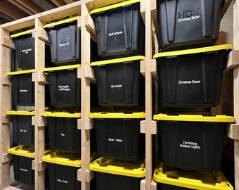 Planos de estantería con ruedas para contenedores de 27 galones, organizador de garaje, estantes para contenedores, planos de estanterías para cajas, documento PDF, planos de carpintería para bricolaje