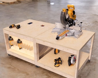 Planos de banco de trabajo móvil (PDF) – Estación modular para sierra ingletadora y banco de trabajo para sierra de mesa – Banco de taller rodante para bricolaje – Planos de construcción para carpintería