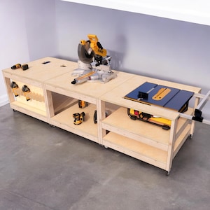 May include: A mobile workbench with a mitre saw, table saw, and tool storage. The workbench is made of plywood and has wheels for easy mobility.
