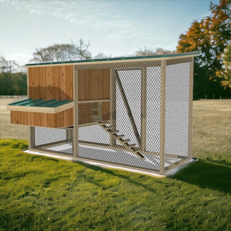 May include: A wooden chicken coop with a green roof and a wire mesh enclosure. The coop has a nesting box and a ramp for the chickens to access the upper level.