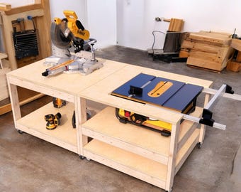 DIY Mobile Miter Saw Station Plans PDF – Woodworking Workbench with Table Saw & Jigsaw Table – Garage Workshop Build Plans