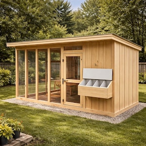 May include: A light-colored wooden chicken coop with a glass-enclosed run. The coop features a door, a nesting box with four compartments, and is set on a gravel base within a grassy yard. The design is simple and functional.