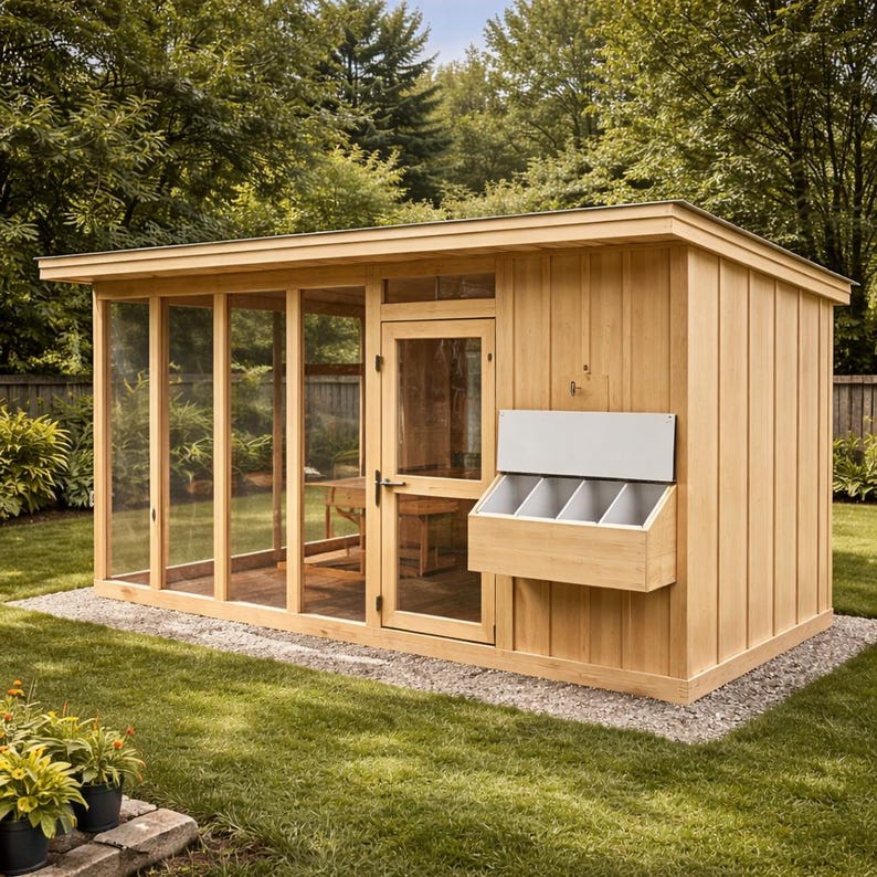 May include: A light-colored wooden chicken coop with a glass-enclosed run. The coop features a door, a nesting box with four compartments, and is set on a gravel base within a grassy yard. The design is simple and functional.