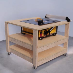 テーブルソープラン、ガレージ作業台構築プラン、Dewalt テーブルソー、モバイルソーカート、ポータブルテーブルソー作業台、テーブルソーステーション、PDF