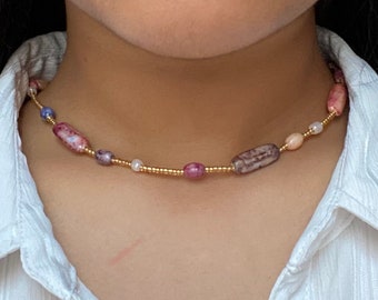 Multicolour Beaded Necklace, Gold Dainty Bead Necklace, Unique Choker, Seed Bead Necklace, Colourful Collar Necklace, Summer Pearl Choker