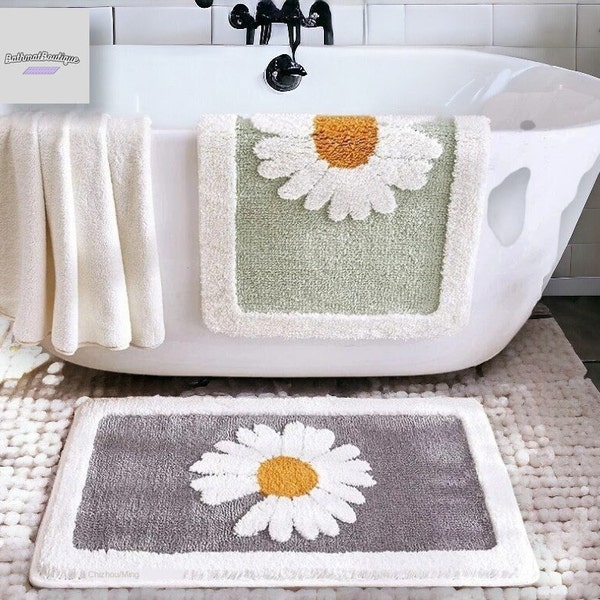 Beautiful Daisy Non-Slip Bathroom Mat, Flower Water Absorbent Carpet, Shower Entrance Floor Rug, High Quality Polyester Bathroom Accessory