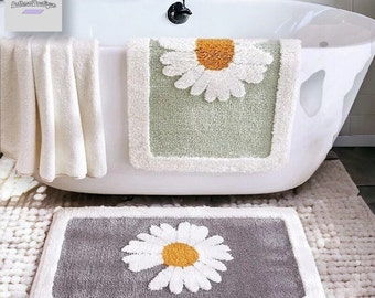 Hermosa alfombra de baño antideslizante con margaritas, alfombra absorbente de agua con flores, alfombra para entrada de ducha, accesorio de baño de poliéster de alta calidad