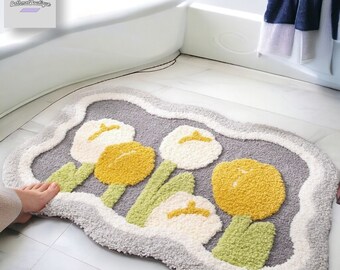 Cute Flower Petal Bathmat, Fluffy Nature Non-Slip Bathroom Carpet, Grey Shower Entrance Mat, Water Absorbent Mat, Anti Slip Bath Tub Carpet