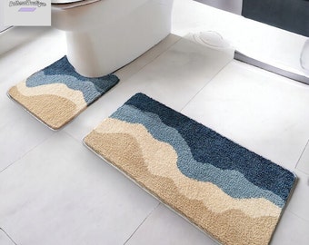 Ocean Wave Bath Mat Set, Beach Blue Non-Slip Mat, Water Absorbent Shower Entrance Carpet, Thick Plush Mat, Seaside Bathroom Accessory